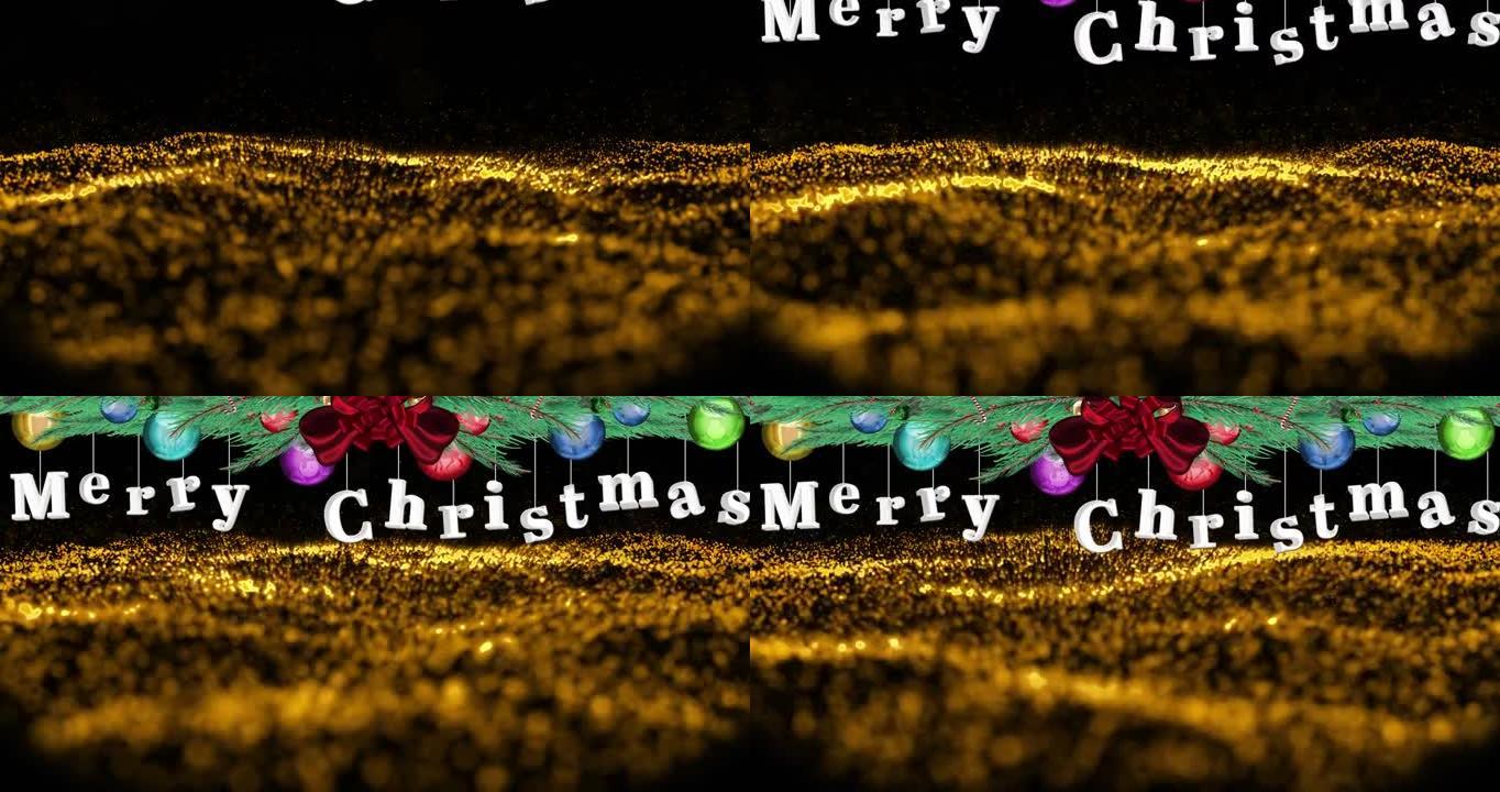 黑色和金色闪光背景上的圣诞问候和装饰动画