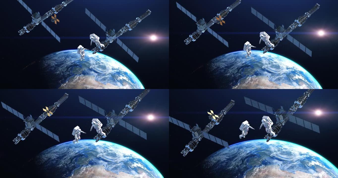 一群宇航员太空行走。地球是可见的。卫星飞行。