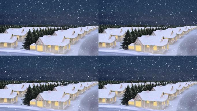 雪落在夜空的冬季景观上的多个房屋和树木上