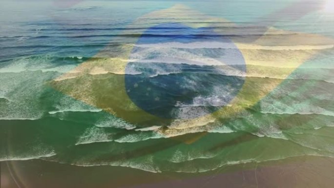 数字组成挥舞的巴西国旗反对海浪在海的鸟瞰图