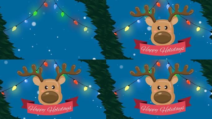 蓝色背景上的圣诞问候文本驯鹿和仙女灯的动画