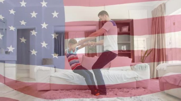 美国国旗动画挥舞着快乐的白种人父子在客厅里玩耍