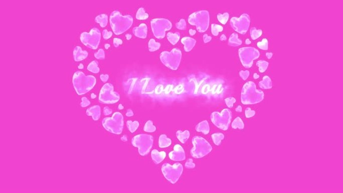 我爱你。情人节快乐。许多心的动画在粉红色背景上形成一颗白色的大心。爱情宣言。