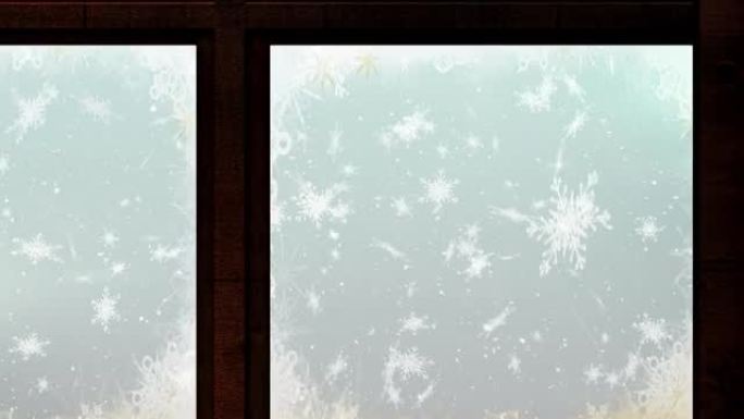 从蓝色背景上的窗户看到雪花落下的圣诞树动画