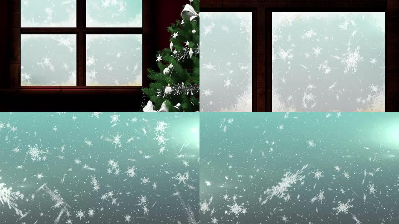 从蓝色背景上的窗户看到雪花落下的圣诞树动画