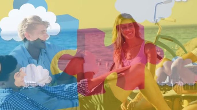 夏日海滩派对上快乐朋友的彩色拼图动画