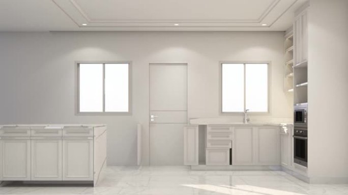 室内设计现代经典风格的厨房，白色大理石和金色纹理，白色家具内置3d渲染动画