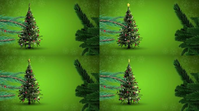 翻转圣诞树和雪落在绿色背景上的动画