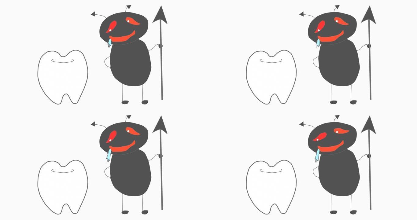 龋齿细菌在健康的牙齿上咧嘴笑，插图