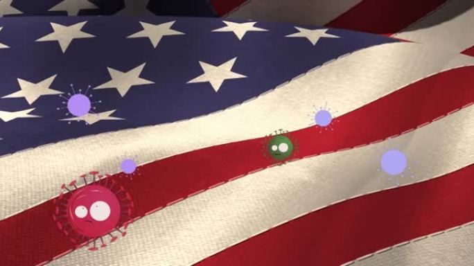 病毒细胞在美利坚合众国国旗上移动的动画