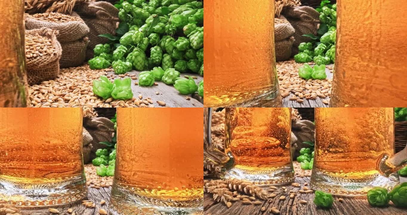 杯子里的冰镇啤酒。啤酒花和麦芽。啤酒原料。