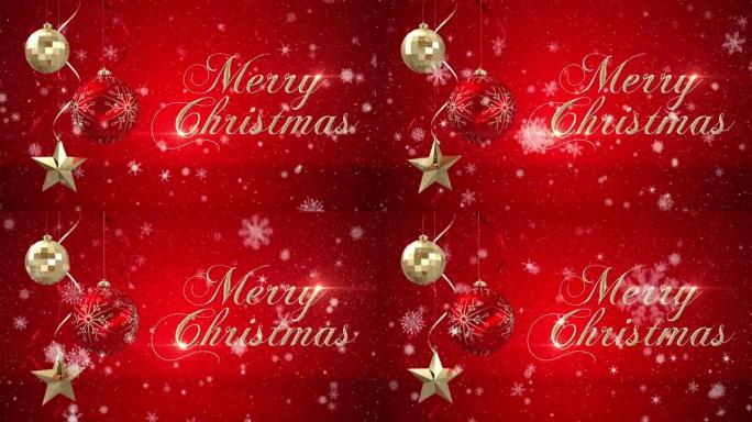雪花飘落在圣诞快乐文本和红色和金色圣诞小玩意装饰上的动画
