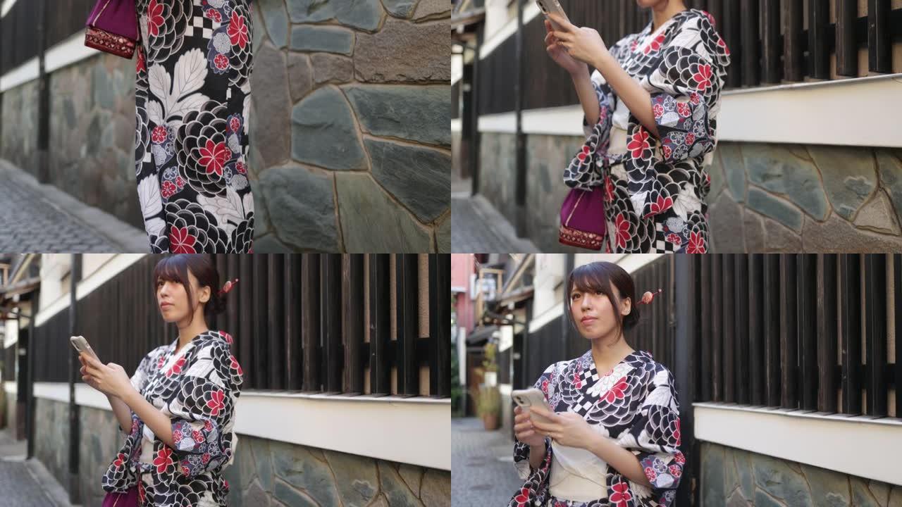 站在狭窄道路上的日本妇女-向上倾斜