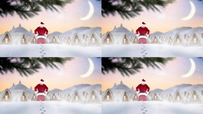 雪落在圣诞老人和冬季景观上的多个房屋的后视图上