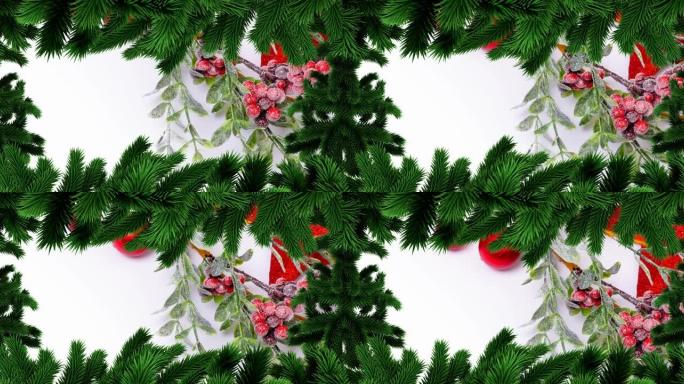 白色背景上装饰品上的圣诞杉树框架动画