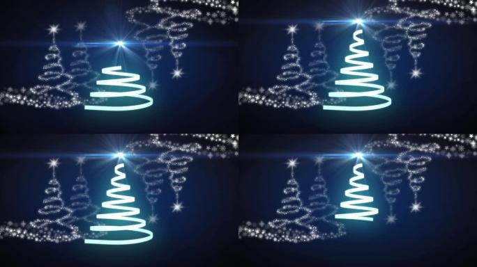 在蓝色背景上的圣诞树图标上形成圣诞树的色带上的光点