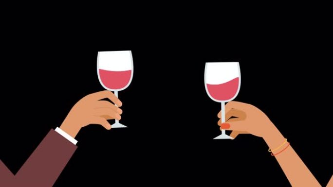 男性和女性的手与酒杯。约会，欢呼，庆祝概念。新年或生日的平面字符设计。在聚会上喝酒。阿尔法通道动画。