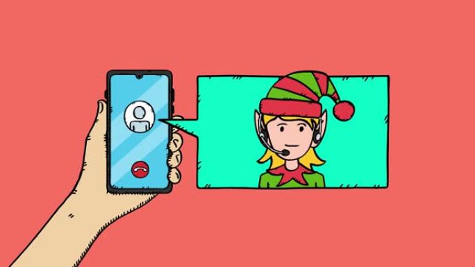 与圣诞节客服在手机上对话的视频动画。手拿着手机和语音泡泡与精灵女孩客服支持。易于编辑说话循环。