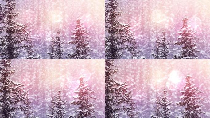 发光模糊灯光下的冬季风景动画