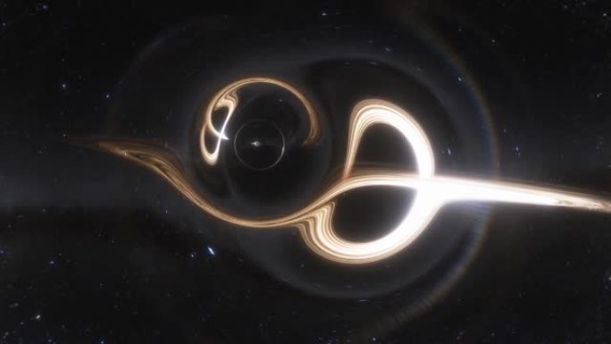 带有吸积盘的超大质量黑洞旁边的虫洞动画。空间和时间被强大的重力变形