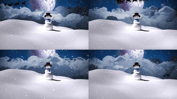 冬天风景下的雪落在微笑的雪人上的动画
