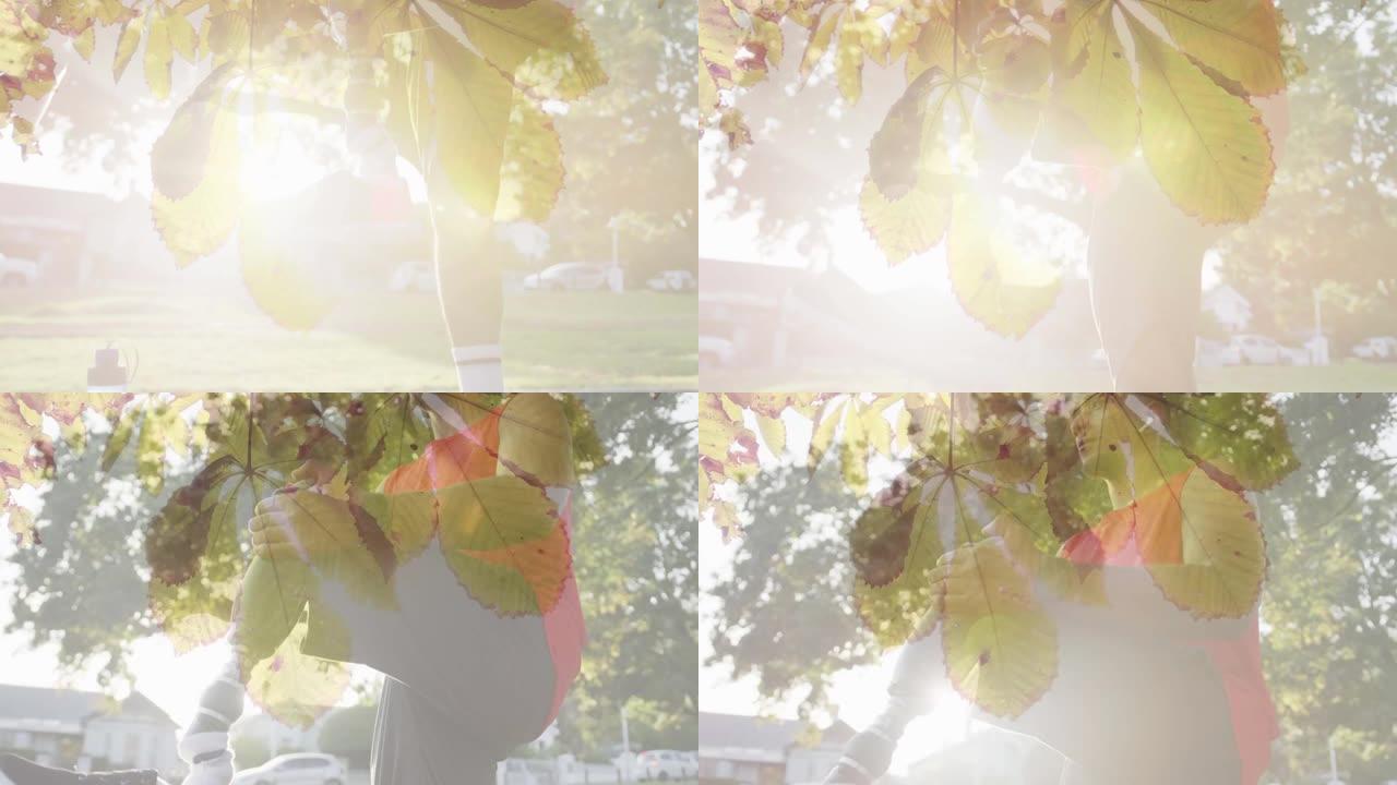 男性运动员准备假肢在户外运动时的阳光和叶子的动画