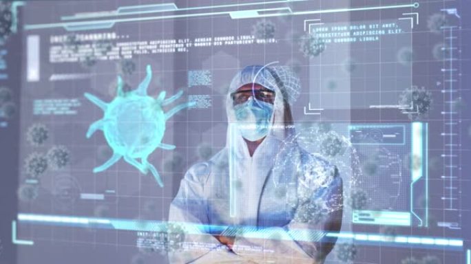戴着口罩的男性医生的病毒细胞和数字接口的动画