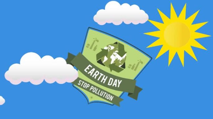 蓝底地球日生态文字与全球回收标志动画