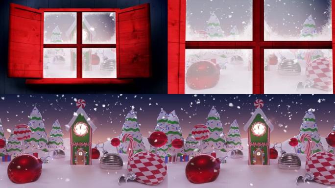 红色木制窗框抵御冬季景观上圣诞节装饰上的积雪