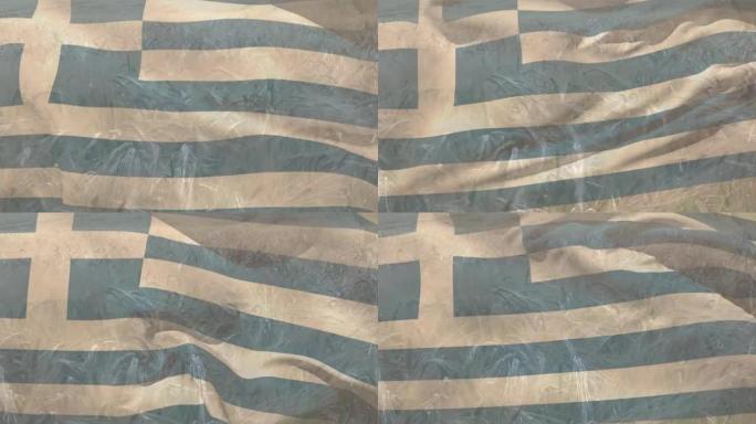 希腊国旗吹过麦田的动画