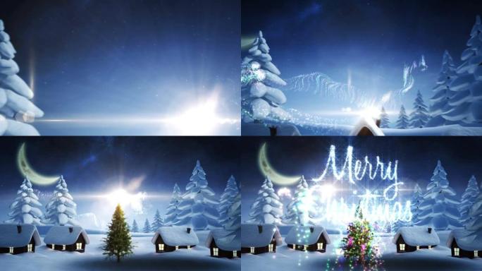 圣诞快乐，冬天的风景，房屋和树木对着夜空