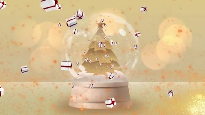 用圣诞树在雪球上落下礼物的动画