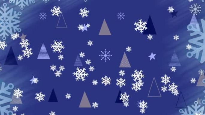 蓝色背景下飘雪圣诞树图案的动画