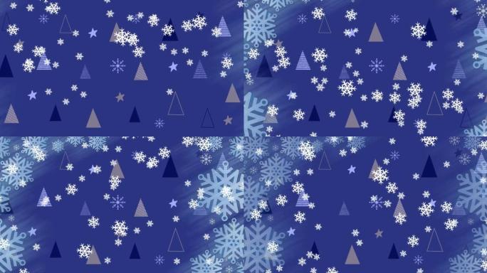蓝色背景下飘雪圣诞树图案的动画