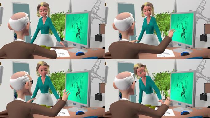 3d动画，卡通，一位祖父在办公室，一位女商人展示了飞机的计划