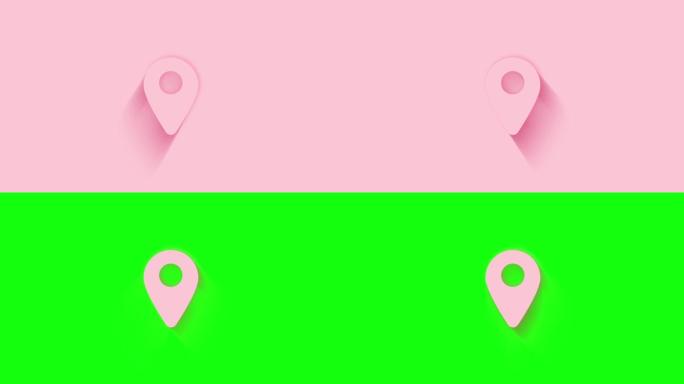 粉红色背景上带有阴影的动画全球定位系统位置指针图标。Neumorphism最小风格。透明背景。4k视