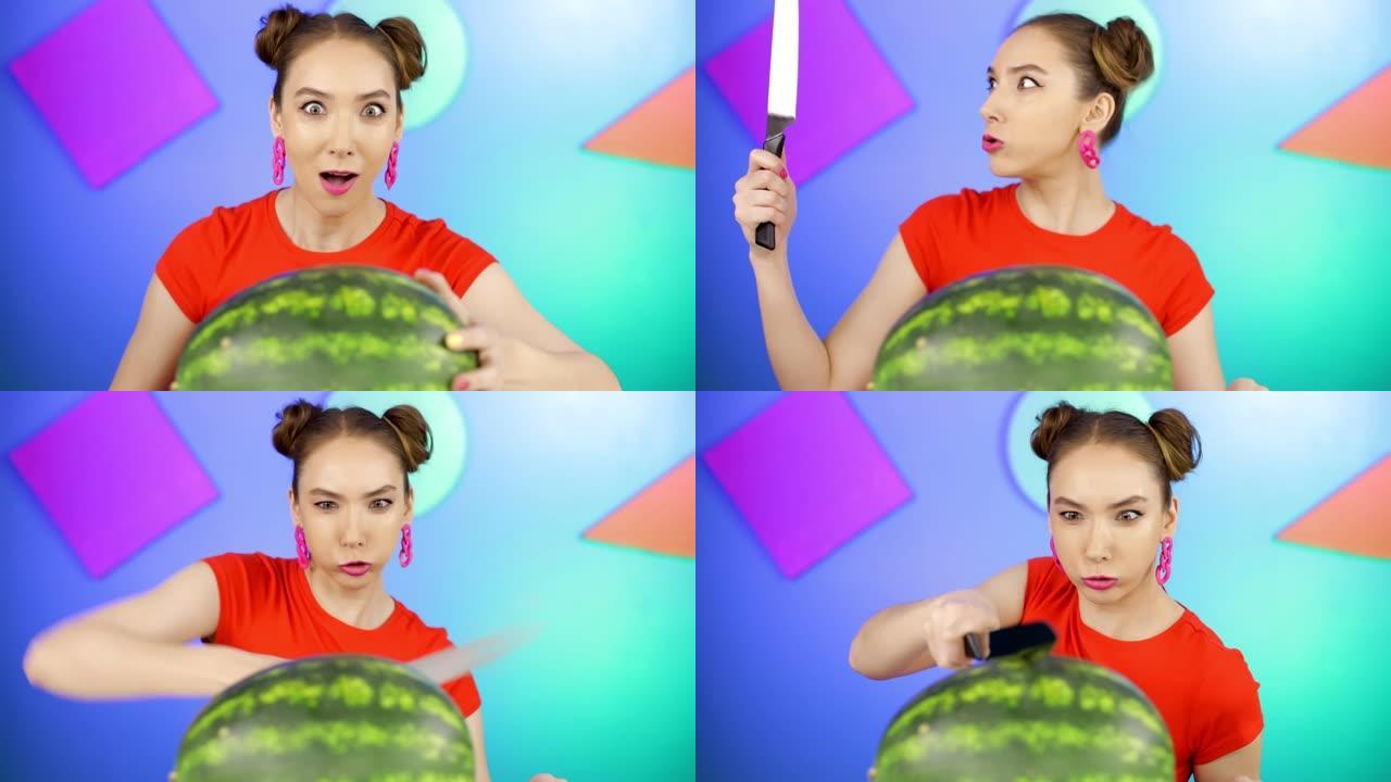 一个严肃的女人拿出刀子切了一个大西瓜