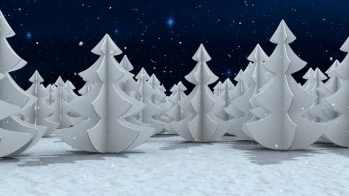 雪落在冬季景观上的多棵树上，蓝色背景上闪耀着星星