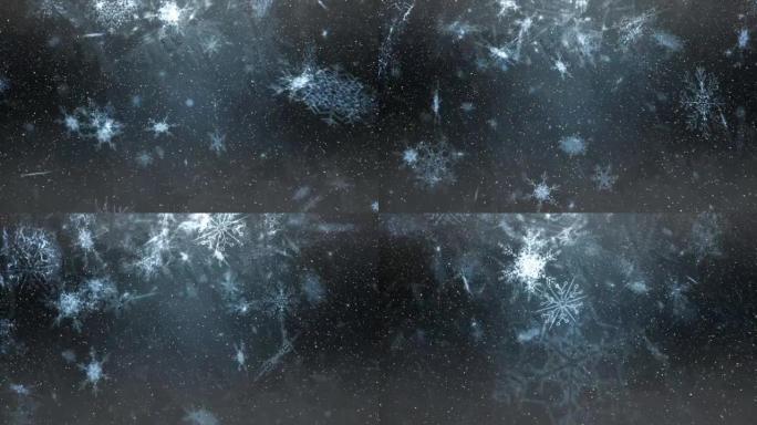 灰色背景下的雪花和发光的动画