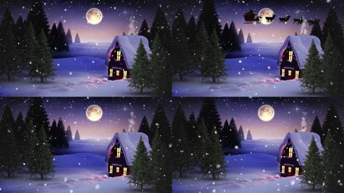 圣诞老人在雪橇上的动画，驯鹿在降雪，房屋和月亮上