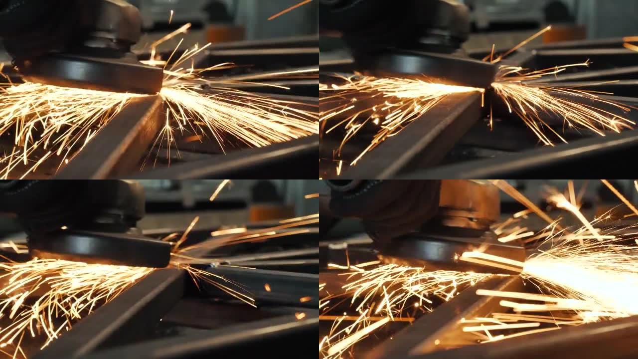 在制造重工业中使用平滑设备研磨金属，铁，火花的工作