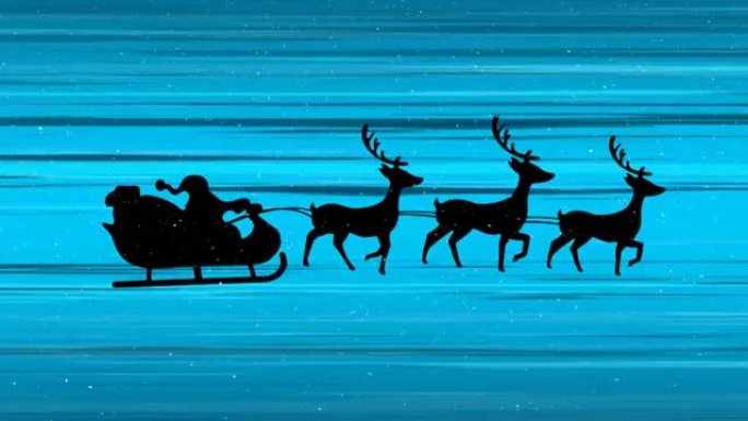 雪落在雪橇上的圣诞老人上，被驯鹿拉在蓝色背景上的小径上