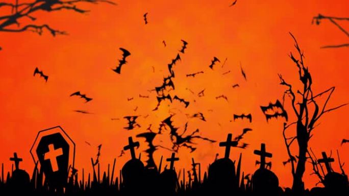橙色背景上的飞行蝙蝠和万圣节公墓的动画