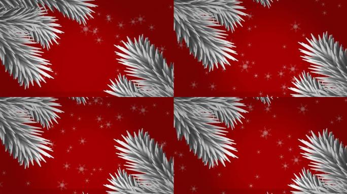 白色圣诞树树枝和雪花图标落在红色背景下