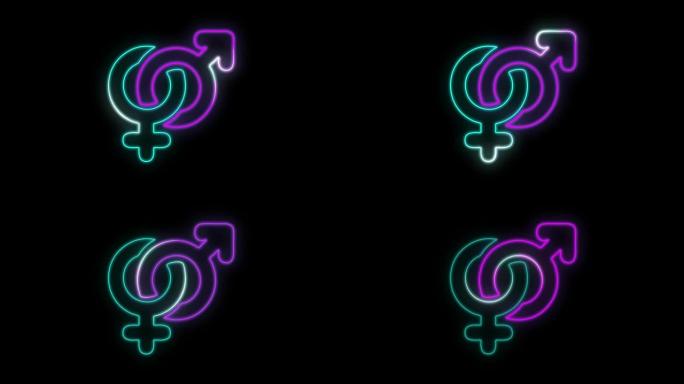 发光霓虹灯线性别图标孤立在黑色背景上。男人和女人的象征。性象征。4k视频运动图形动画