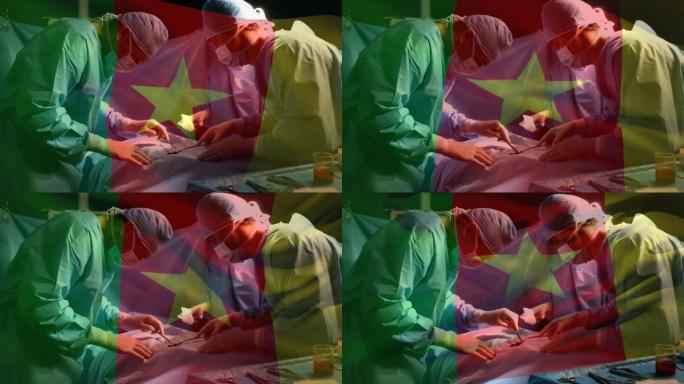 喀麦隆国旗在手术室中的外科医生动画