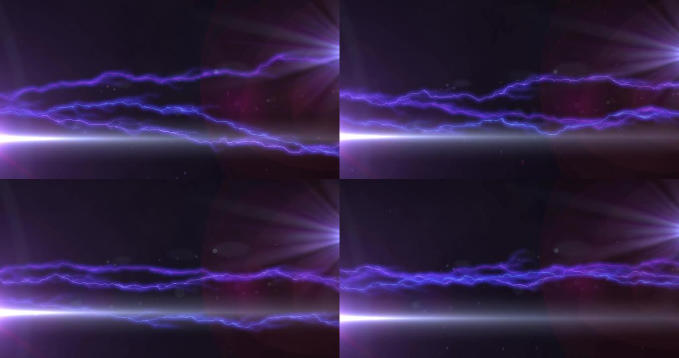 黑暗背景上发光的紫色闪电和白色光束的动画