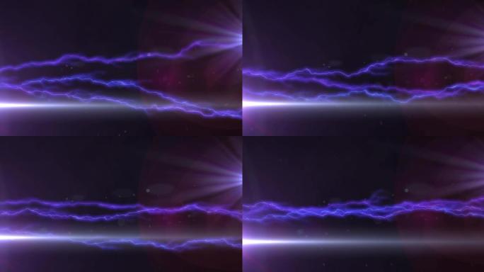 黑暗背景上发光的紫色闪电和白色光束的动画