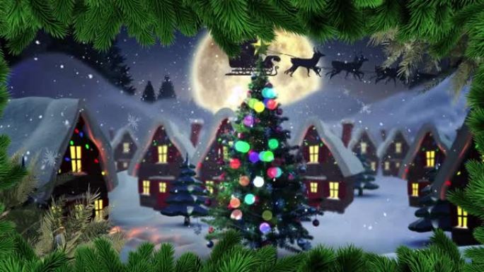 带有圣诞树和圣诞老人雪橇的冬季小镇上的枞树框架动画