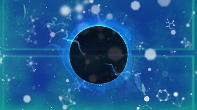 黑色圆形横幅上漂浮的分子结构，蓝色背景下的复制空间